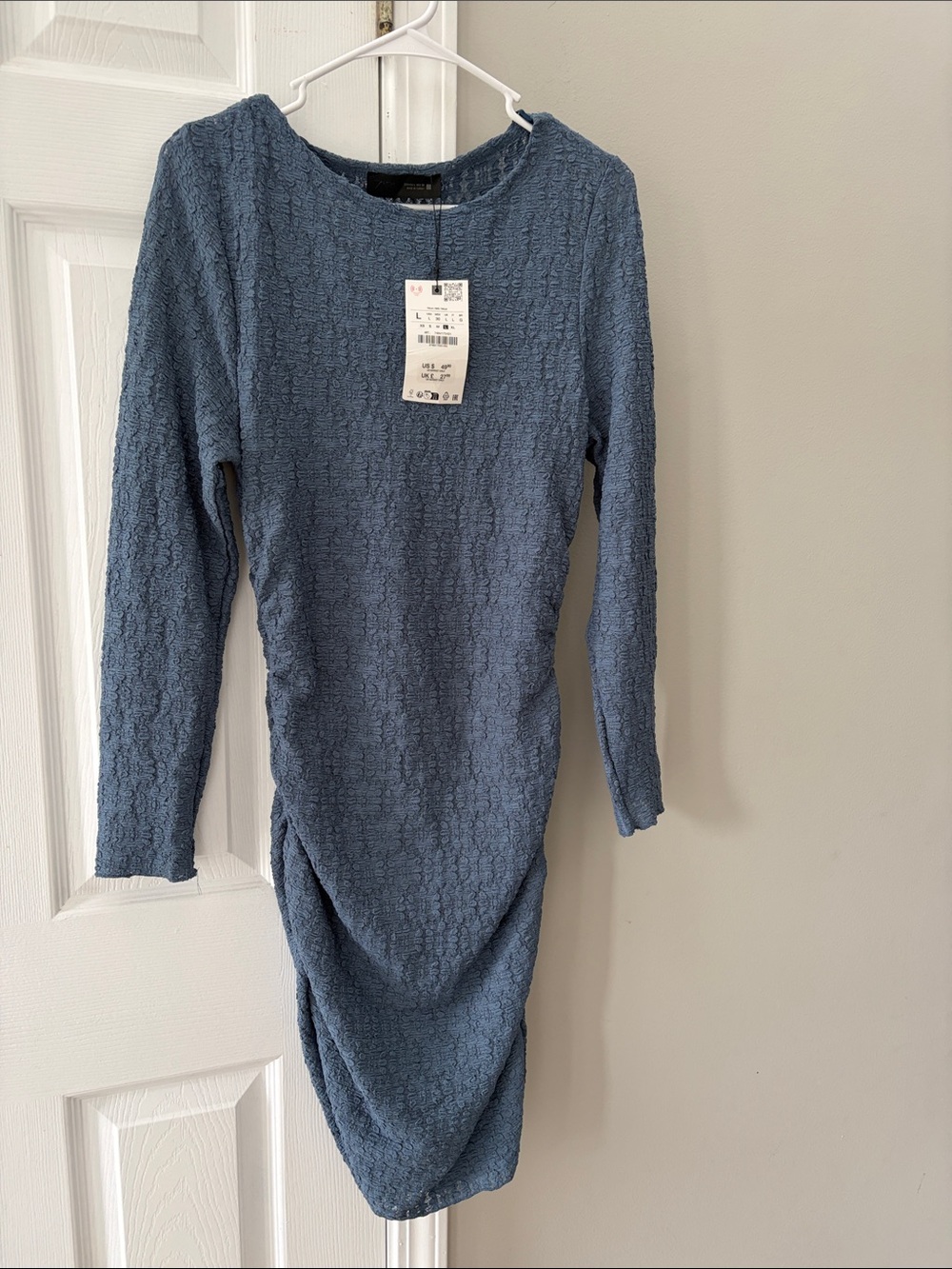 Zara Dusty Blue Long-Sleeve Textured Midi Dress